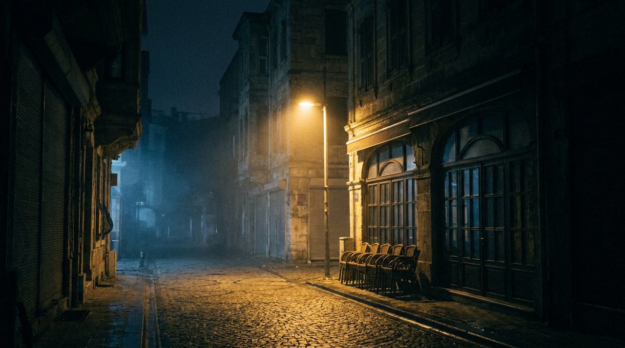 An empty cobblestone street at night — chairs stacked outside a closed café, one street lamp lit.
