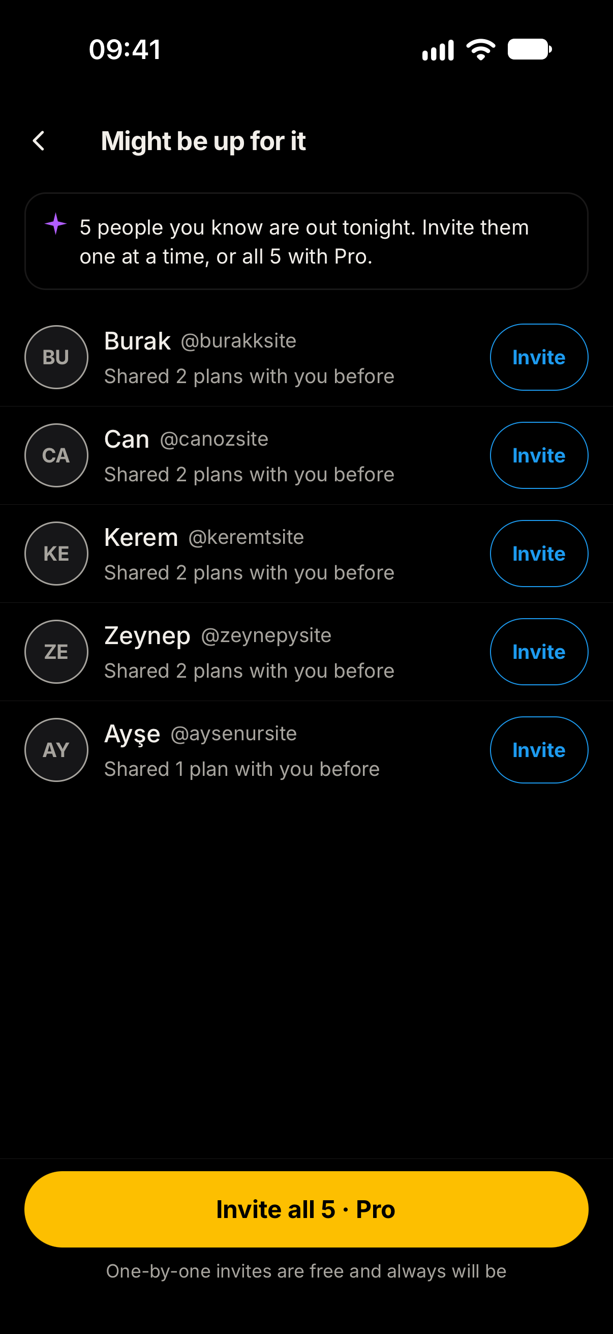 The app’s candidates screen, with people who have previously shared a plan and individual invite buttons.