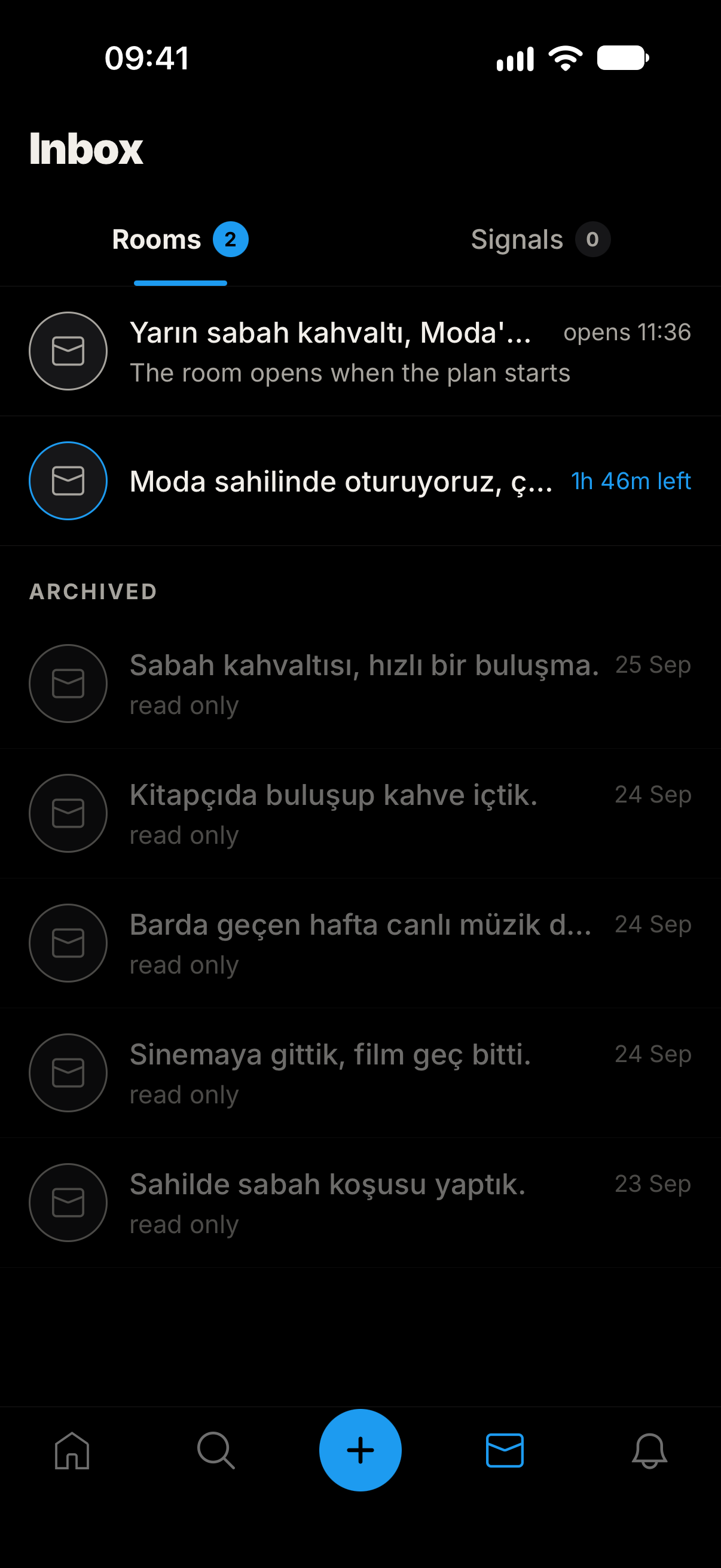 The app’s rooms screen, with upcoming, active and archived example plan rooms.