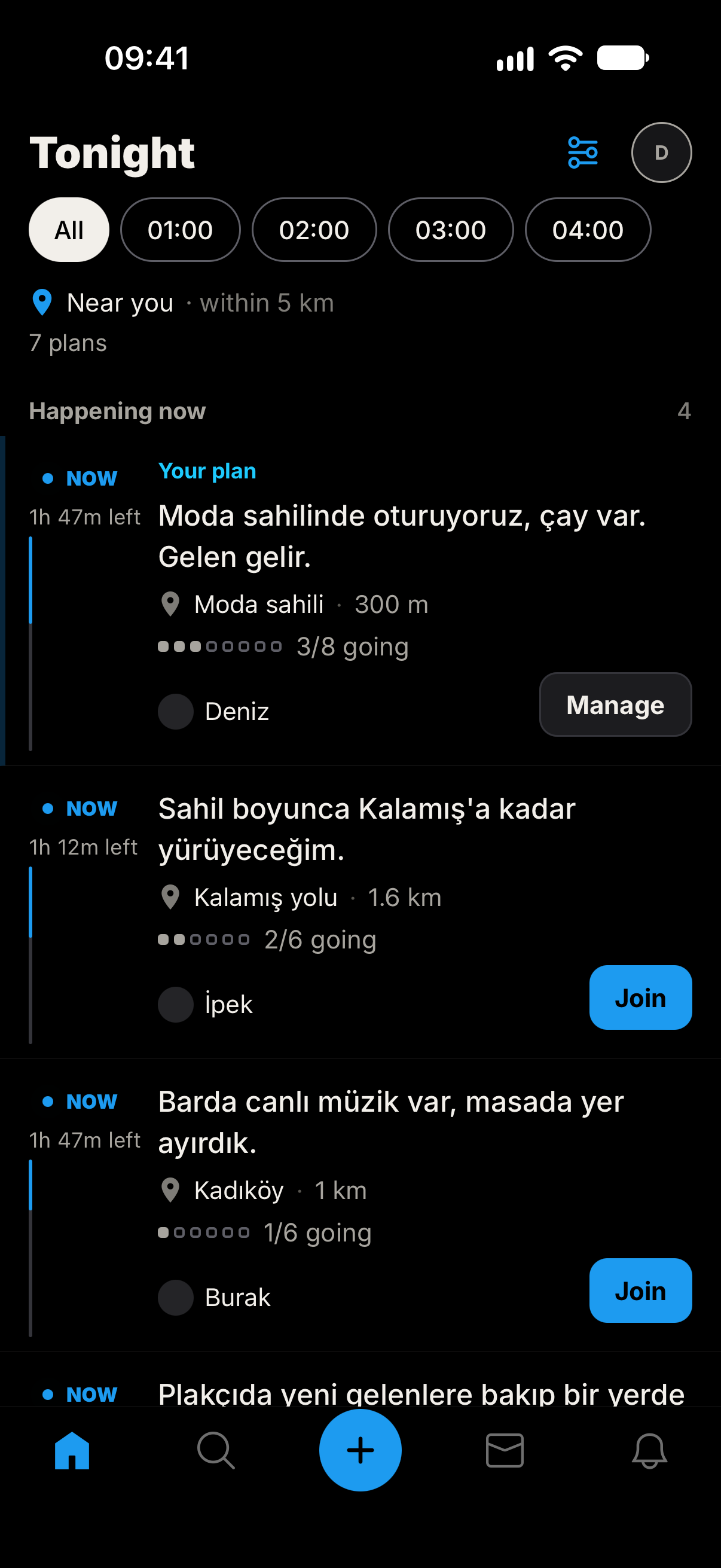 The app’s Tonight screen, with nearby example plans, times and available places.